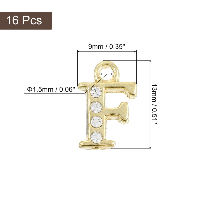 Rhinestone Letter Charm, 16pcs 1.5mm Metal F Letter Charm, Gold