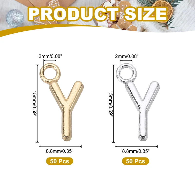 0.4" Letter Charm A-Z for Jewelry Making - Y (100 Pack, Bright Silver/Dark Gold)