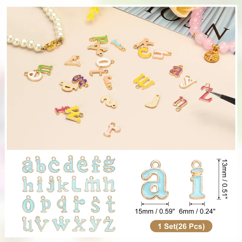 26Pcs A-Z Alphabet Letters Charm, Enamel Letter Charm, Lake Blue