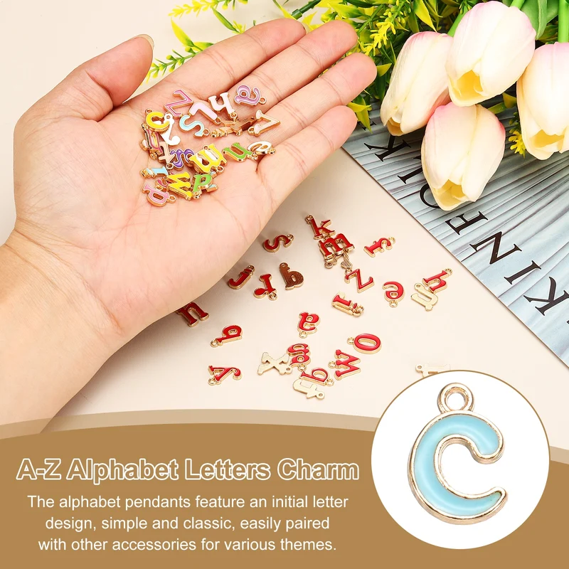 26Pcs A-Z Alphabet Letters Charm, Enamel Letter Charm, Lake Blue
