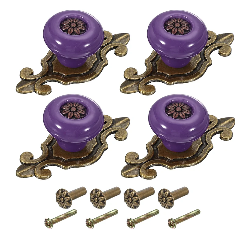 4Pcs Retro Ceramic Cabinet Knobs 1-1/4" Vintage Dresser Drawer Knobs Purple