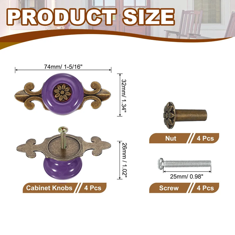 4Pcs Retro Ceramic Cabinet Knobs 1-1/4" Vintage Dresser Drawer Knobs Purple
