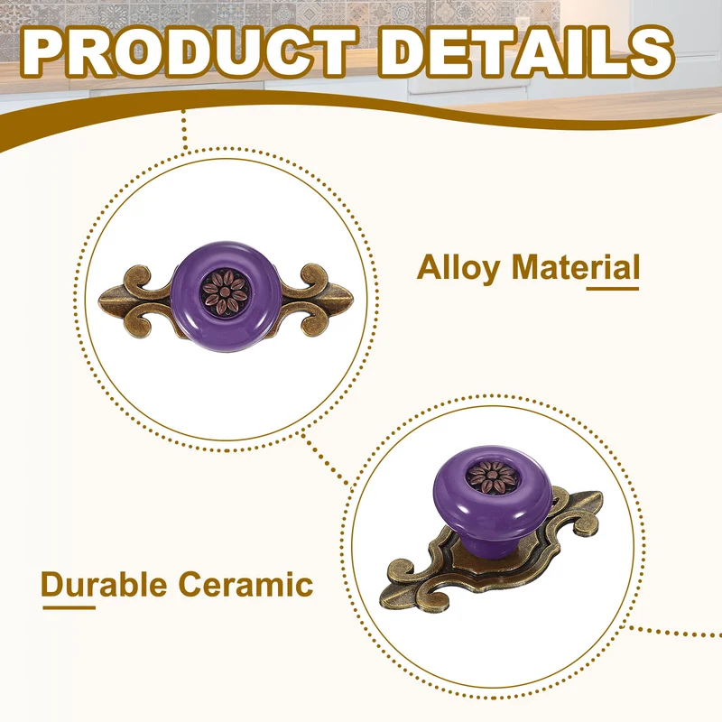 4Pcs Retro Ceramic Cabinet Knobs 1-1/4" Vintage Dresser Drawer Knobs Purple