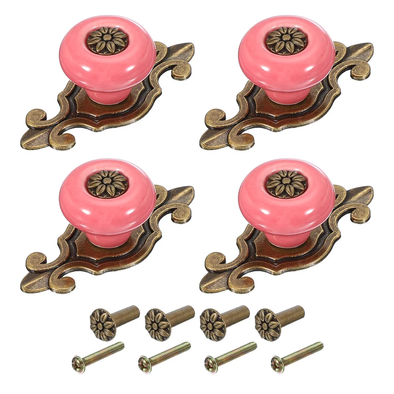 4Pcs Retro Ceramic Cabinet Knobs 1-1/4" Vintage Dresser Drawer Knobs Pink