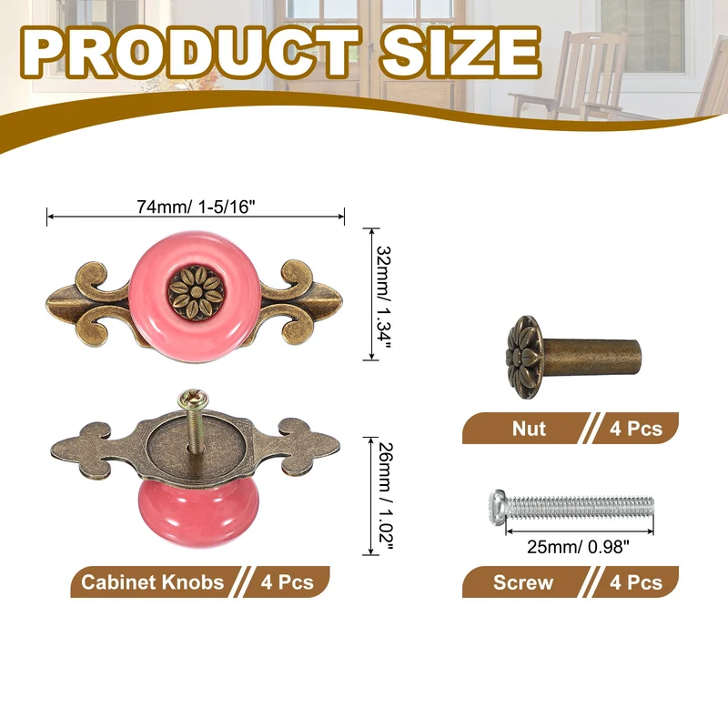 4Pcs Retro Ceramic Cabinet Knobs 1-1/4" Vintage Dresser Drawer Knobs Pink