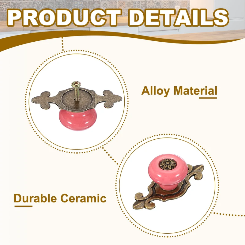 4Pcs Retro Ceramic Cabinet Knobs 1-1/4" Vintage Dresser Drawer Knobs Pink