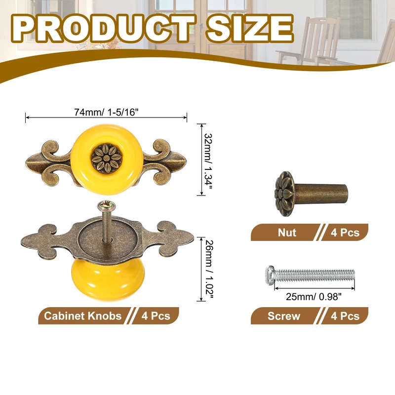 4Pcs Retro Ceramic Cabinet Knobs 1-1/4" Vintage Dresser Drawer Knobs Yellow