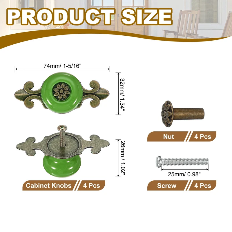 4Pcs Retro Ceramic Cabinet Knobs 1-1/4" Vintage Dresser Drawer Knobs Green