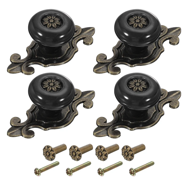 4Pcs Retro Ceramic Cabinet Knobs 1-1/4" Vintage Dresser Drawer Knobs Black