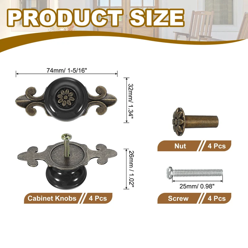 4Pcs Retro Ceramic Cabinet Knobs 1-1/4" Vintage Dresser Drawer Knobs Black
