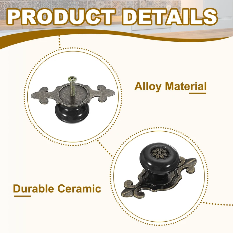 4Pcs Retro Ceramic Cabinet Knobs 1-1/4" Vintage Dresser Drawer Knobs Black