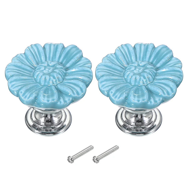 2 Pcs Floral Cabinet Knobs 1-5/16" Ceramic Round Dresser Drawer Knobs, Blue