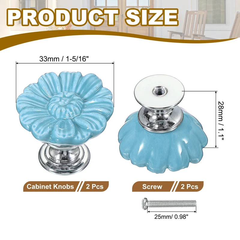 2 Pcs Floral Cabinet Knobs 1-5/16" Ceramic Round Dresser Drawer Knobs, Blue