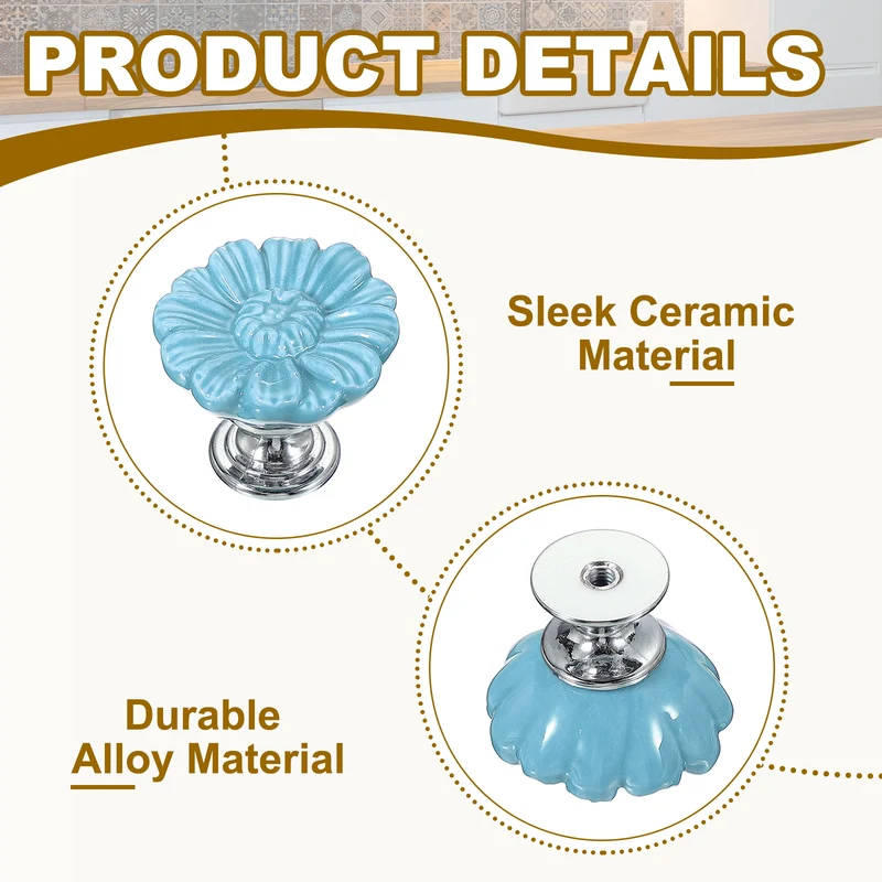 2 Pcs Floral Cabinet Knobs 1-5/16" Ceramic Round Dresser Drawer Knobs, Blue