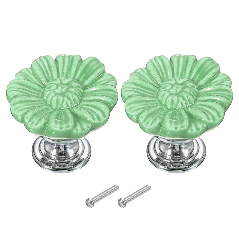 2 Pcs Floral Cabinet Knobs 1-5/16" Ceramic Round Dresser Drawer Knobs, Green