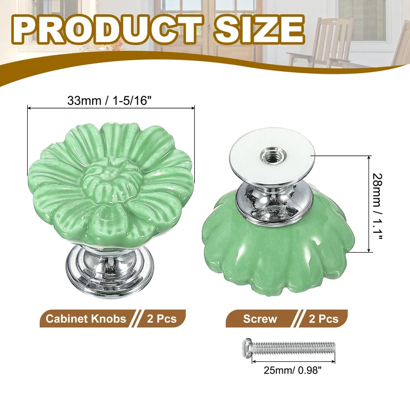 2 Pcs Floral Cabinet Knobs 1-5/16" Ceramic Round Dresser Drawer Knobs, Green