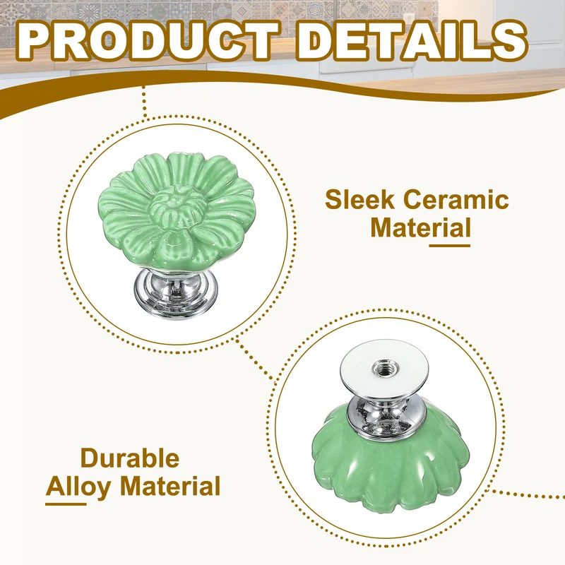 2 Pcs Floral Cabinet Knobs 1-5/16" Ceramic Round Dresser Drawer Knobs, Green