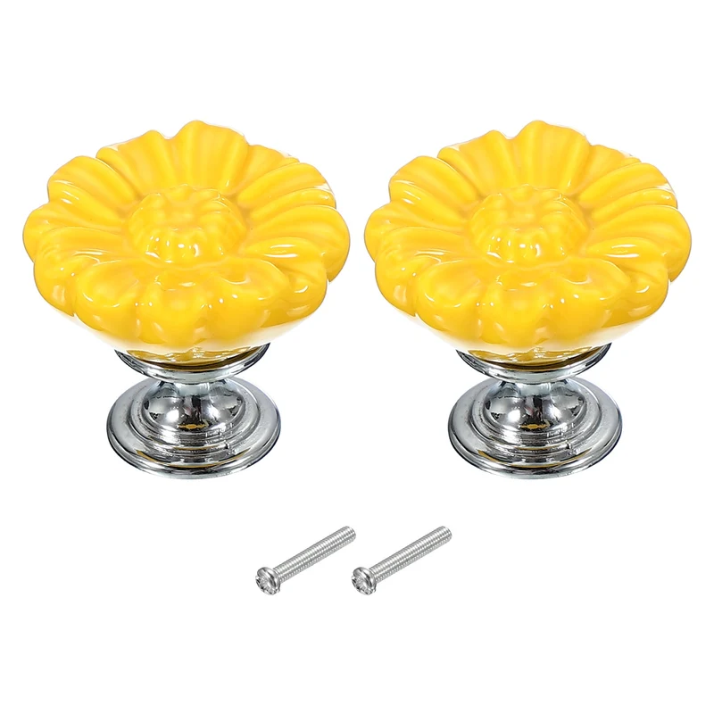 2 Pcs Floral Cabinet Knobs 1-5/16" Ceramic Round Dresser Drawer Knobs, Yellow