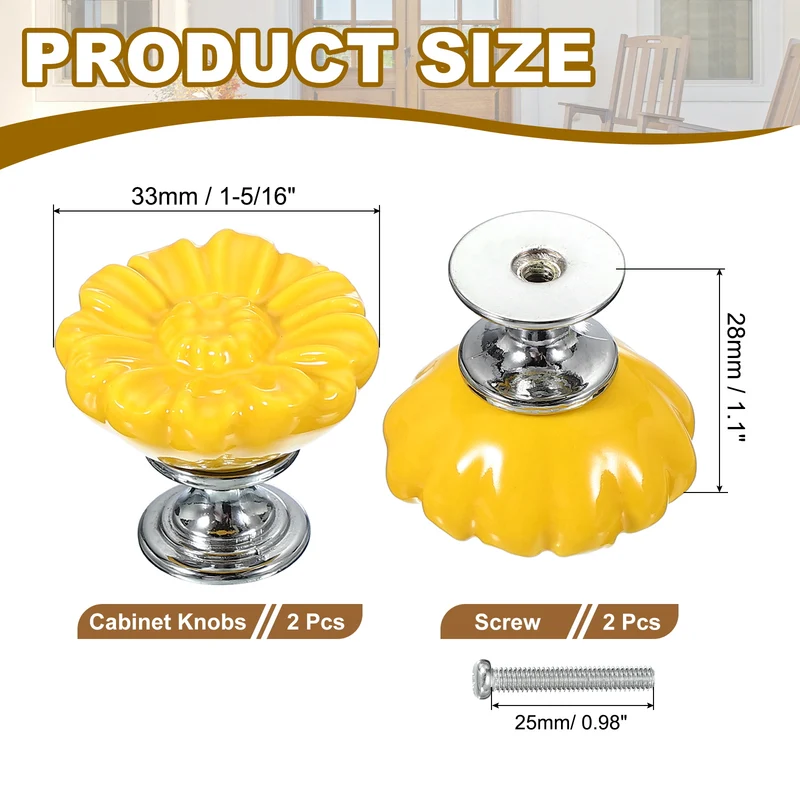 2 Pcs Floral Cabinet Knobs 1-5/16" Ceramic Round Dresser Drawer Knobs, Yellow