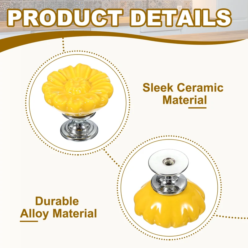 2 Pcs Floral Cabinet Knobs 1-5/16" Ceramic Round Dresser Drawer Knobs, Yellow