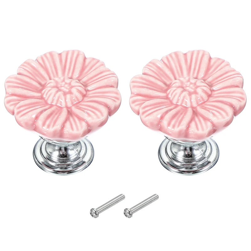 2 Pcs Floral Cabinet Knobs 1-5/16" Ceramic Round Dresser Drawer Knobs, Pink