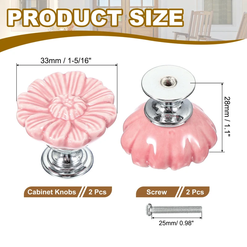 2 Pcs Floral Cabinet Knobs 1-5/16" Ceramic Round Dresser Drawer Knobs, Pink