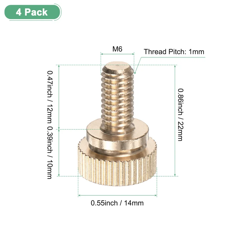 4-Pack Knurled Thumb Screws, M6x12mm Solid Brass Knobs Bolts