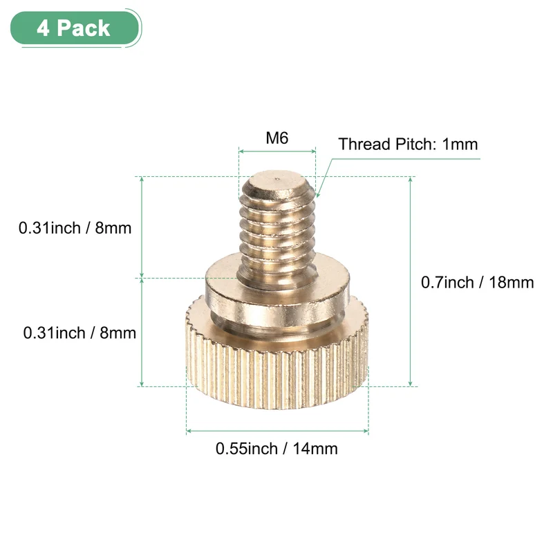 4-Pack Knurled Thumb Screws, M6x8mm Solid Brass Knobs Bolts
