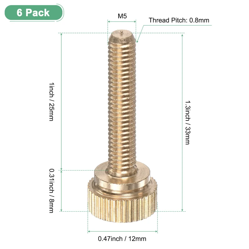 6-Pack Knurled Thumb Screws, M5x25mm Solid Brass Knobs Bolts