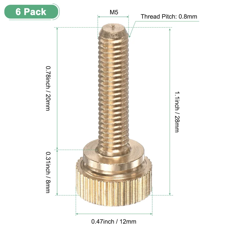 6-Pack Knurled Thumb Screws, M5x20mm Solid Brass Knobs Bolts