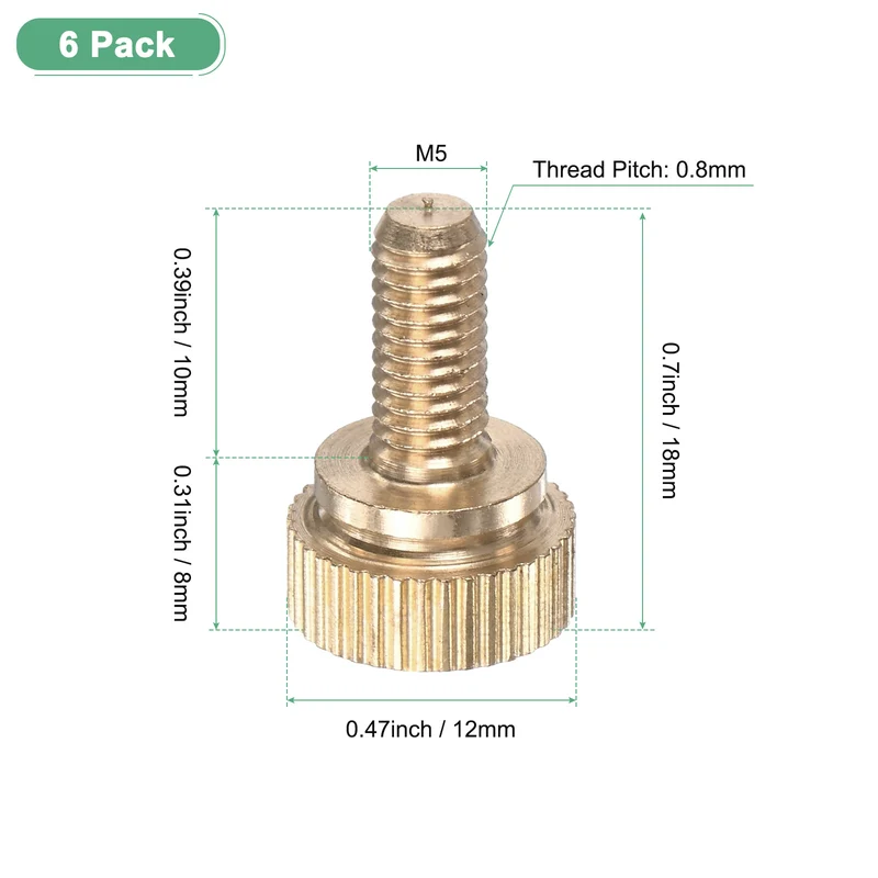 6-Pack Knurled Thumb Screws, M5x10mm Solid Brass Knobs Bolts