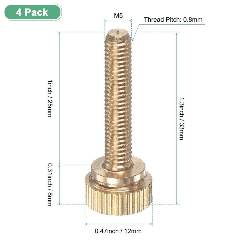 4-Pack Knurled Thumb Screws, M5x25mm Solid Brass Knobs Bolts
