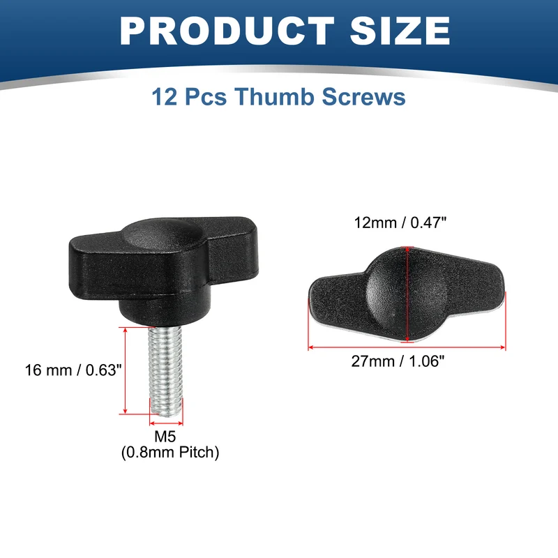 12 Pcs M5 x 16mm Tee Thumb Screws, 27mm Width Carbon Steel Tee Wing Knobs Screws