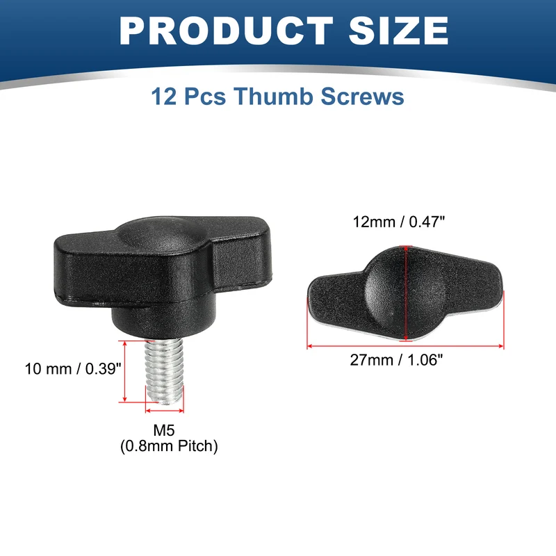 12 Pcs M5 x 10mm Tee Thumb Screws, 27mm Width Carbon Steel Tee Wing Knobs Screws
