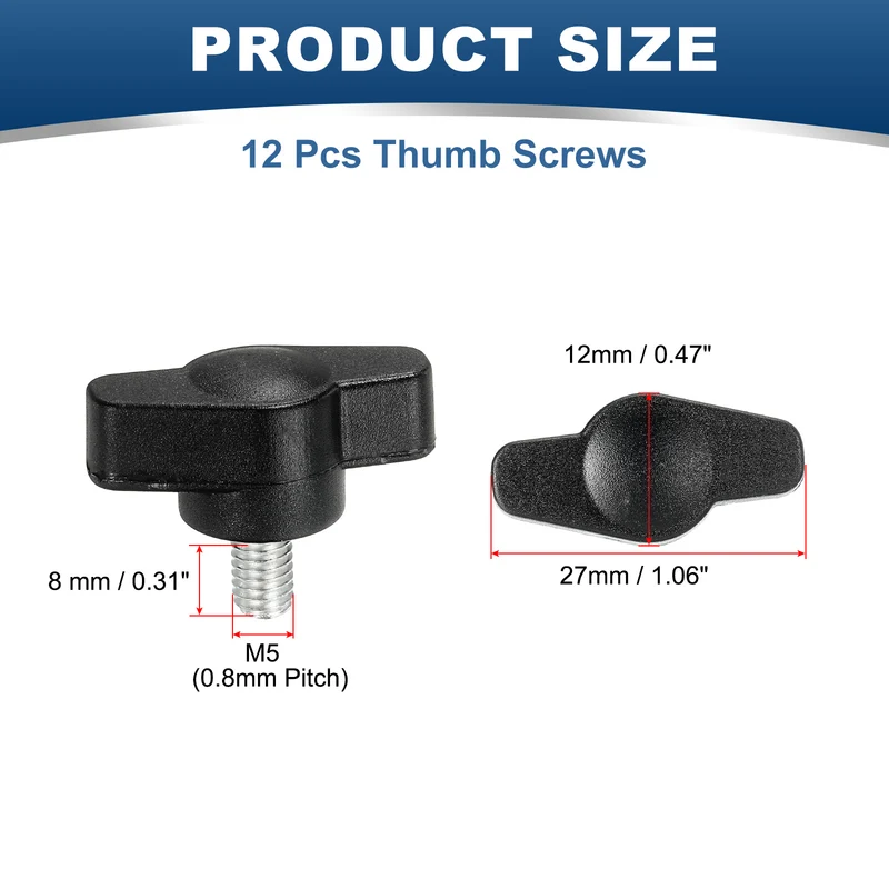 12 Pcs M5 x 8mm Tee Thumb Screws, 27mm Width Carbon Steel Tee Wing Knobs Screws