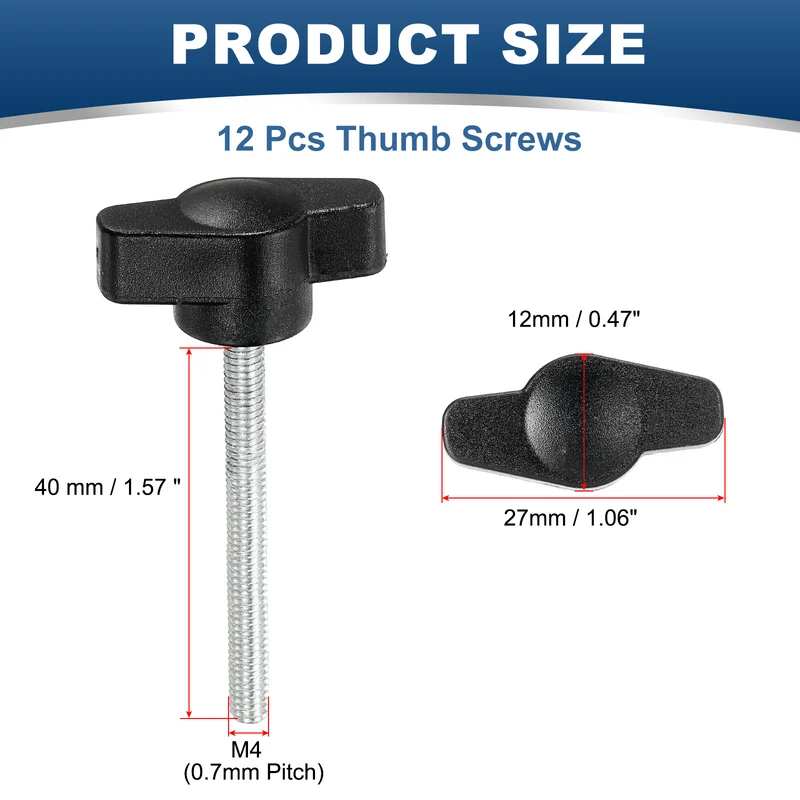 12 Pcs M4 x 40mm Tee Thumb Screws, 27mm Width Carbon Steel Tee Wing Knobs Screws
