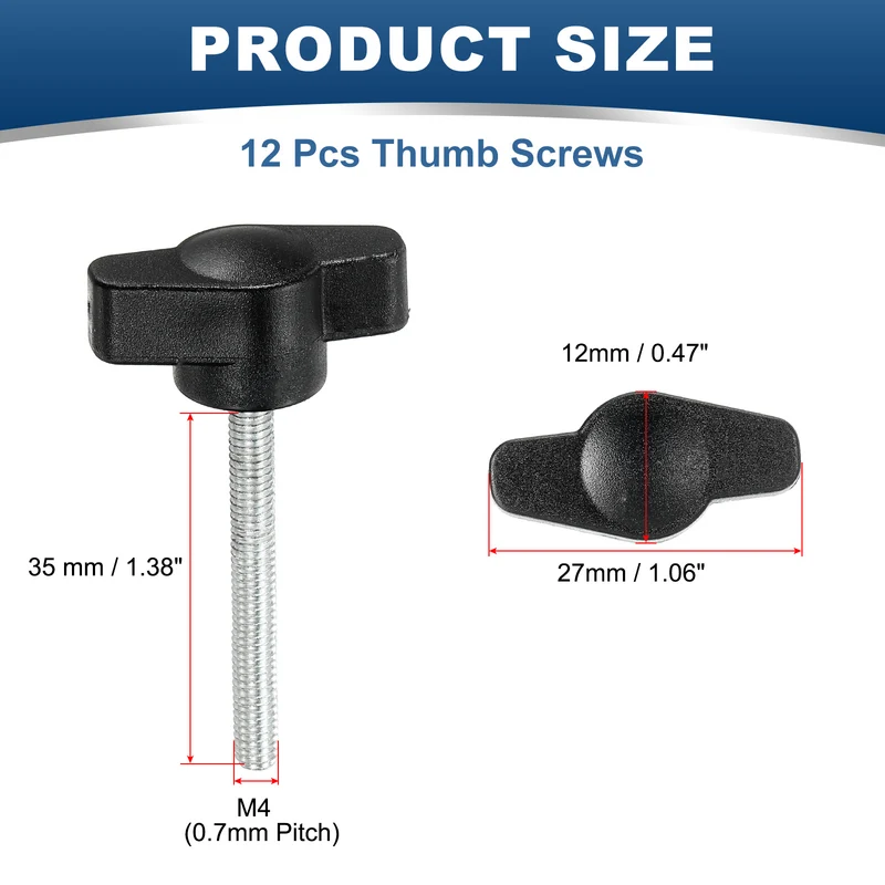 12 Pcs M4 x 27mm Tee Thumb Screws, 27mm Width Carbon Steel Tee Wing Knobs Screws