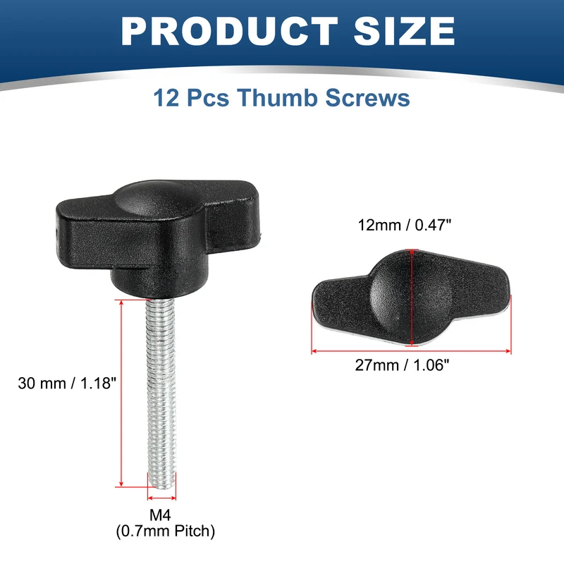 12 Pcs M4 x 30mm Tee Thumb Screws, 27mm Width Carbon Steel Tee Wing Knobs Screws