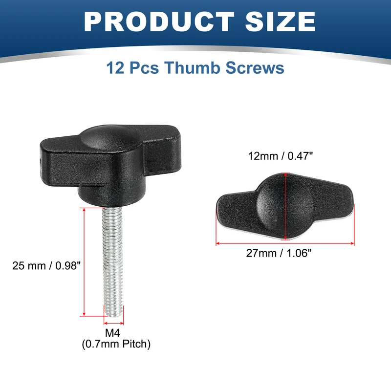 12 Pcs M4 x 25mm Tee Thumb Screws, 27mm Width Carbon Steel Tee Wing Knobs Screws