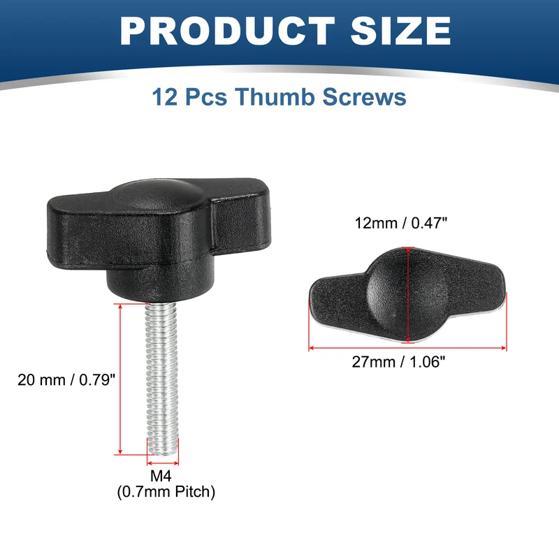 12 Pcs M4 x 20mm Tee Thumb Screws, 27mm Width Carbon Steel Tee Wing Knobs Screws