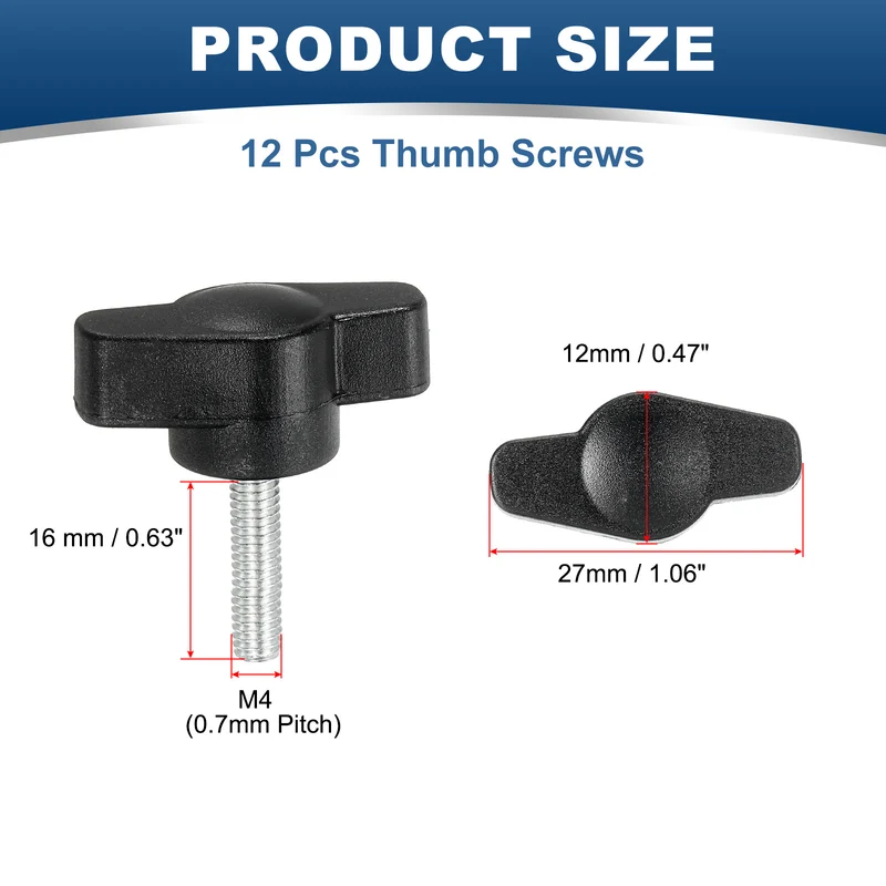 12 Pcs M4 x 16mm Tee Thumb Screws, 27mm Width Carbon Steel Tee Wing Knobs Screws