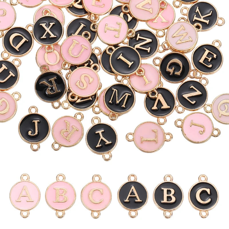 52 Pcs Letter Initial Charm A-Z Double Hanging Round Letter Charm(Black, Pink)
