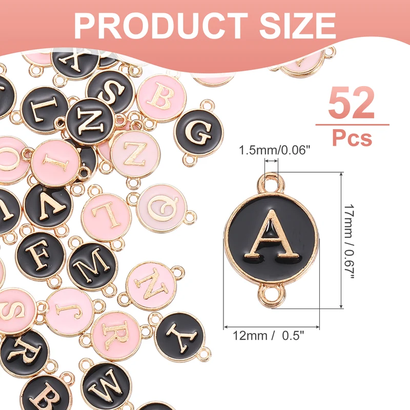 52 Pcs Letter Initial Charm A-Z Double Hanging Round Letter Charm(Black, Pink)