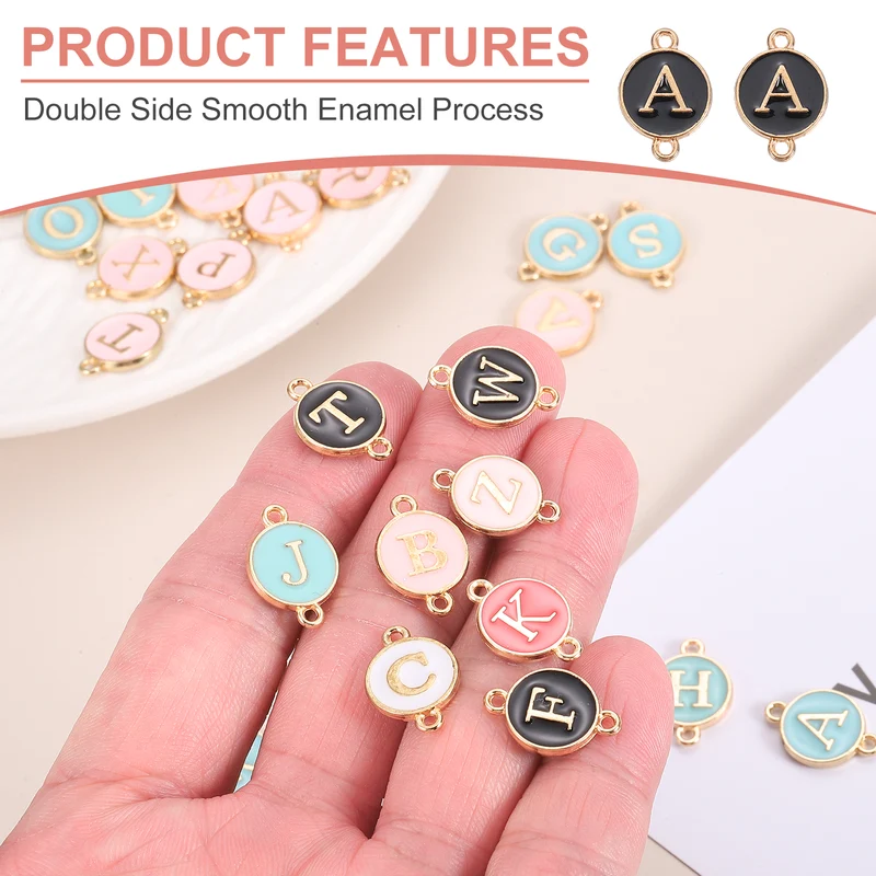 52 Pcs Letter Initial Charm A-Z Double Hanging Round Letter Charm(Black, Pink)