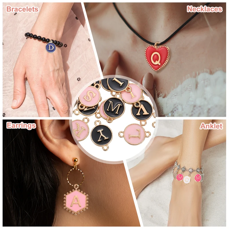 52 Pcs Letter Initial Charm A-Z Double Hanging Round Letter Charm(Black, Pink)