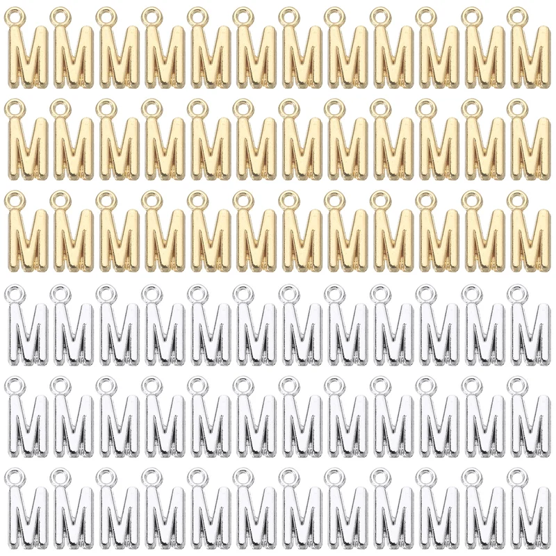 0.3" Letter Charm A-Z for Jewelry Making - M (100 Pack, Bright Silver/Dark Gold)