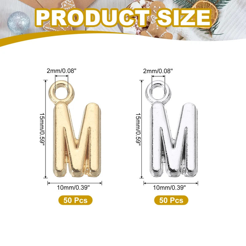 0.3" Letter Charm A-Z for Jewelry Making - M (100 Pack, Bright Silver/Dark Gold)