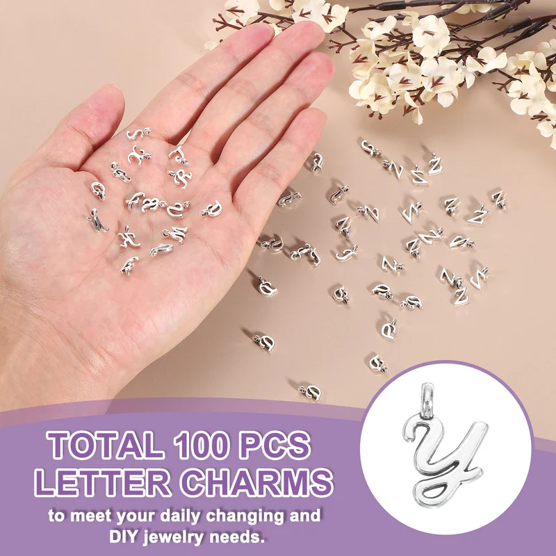 100Pcs A-Z Alphabet Charm, Metal Alphabet Y Letter Charm Initial Charm, Silver