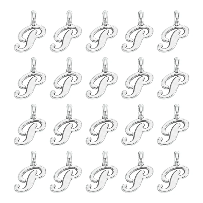 100Pcs A-Z Alphabet Charm, Metal Alphabet P Letter Charm Initial Charm, Silver