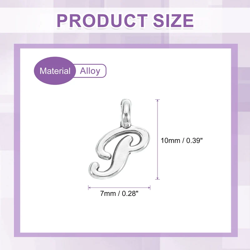 100Pcs A-Z Alphabet Charm, Metal Alphabet P Letter Charm Initial Charm, Silver
